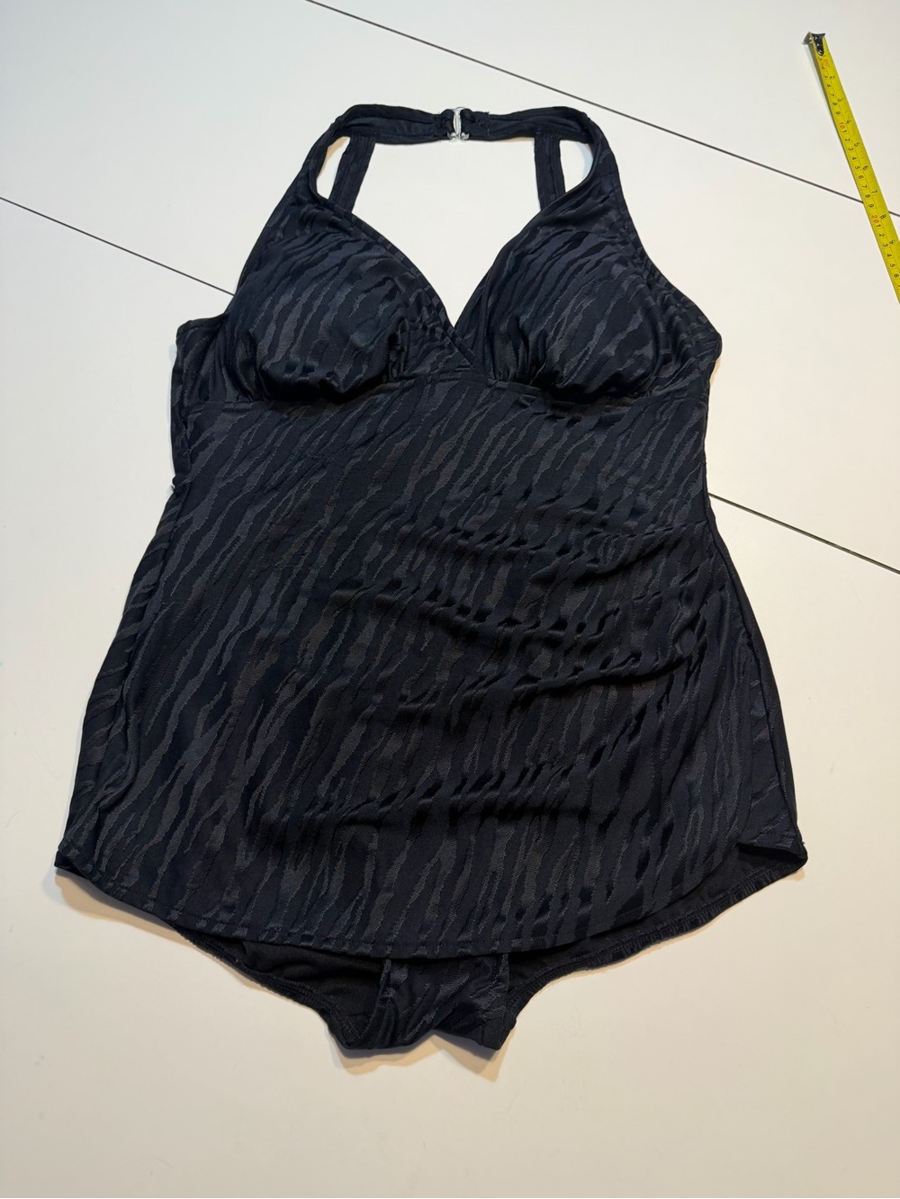 Catalina 1X 16W black textured zebra-print one-piece swimsuit halter neckline